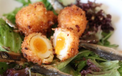 Deep fried Quail’s Eggs and Smoked Anchovy Salad