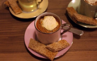 Roasted Pepper Soup with Goats Cheese Lids