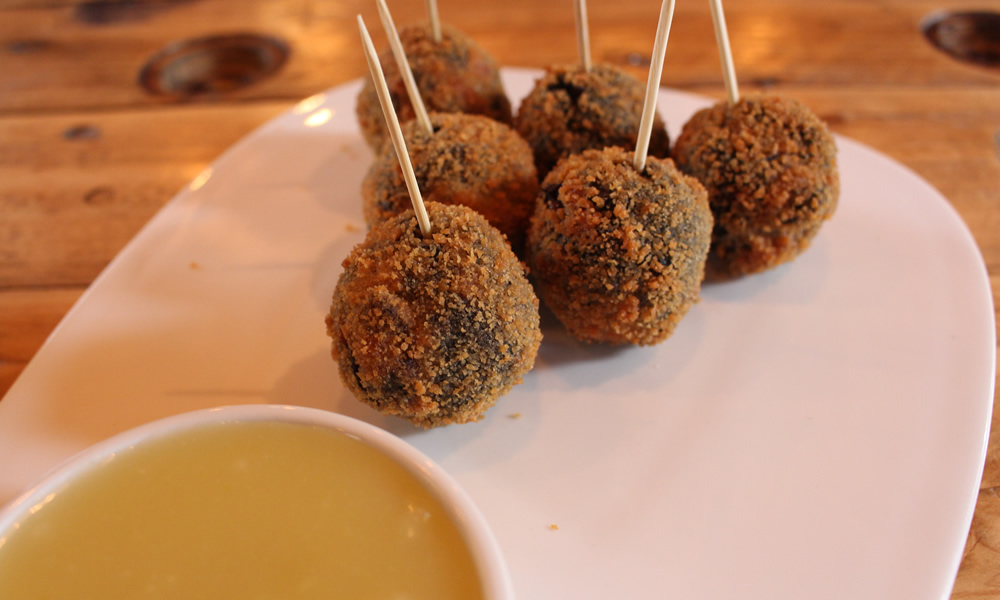 Black Pudding, Bacon Bon Bons with Apple and Cider Sauce